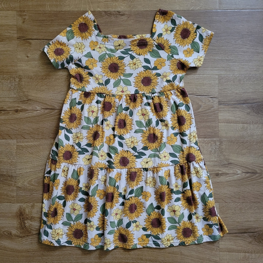 The Children's Place Yellow Sunflower Tiered Dress with Green Leaves